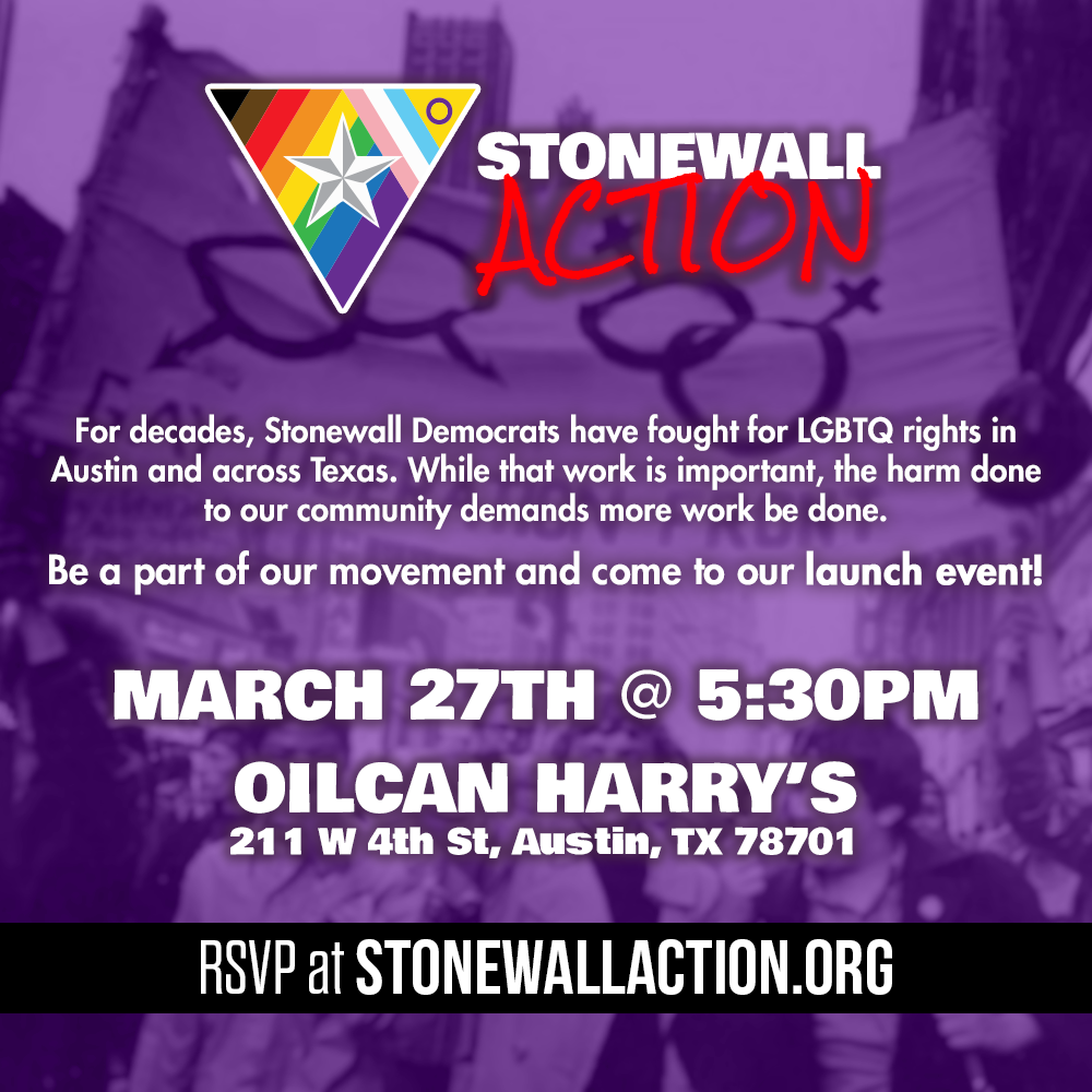 Promotional image for the Stonewall Action launch event on March 27th at 5:30 PM at Oilcan Harry's. The image includes a logo and a call to RSVP at stonewallaction.org. This image is formatted for use on Instagram.